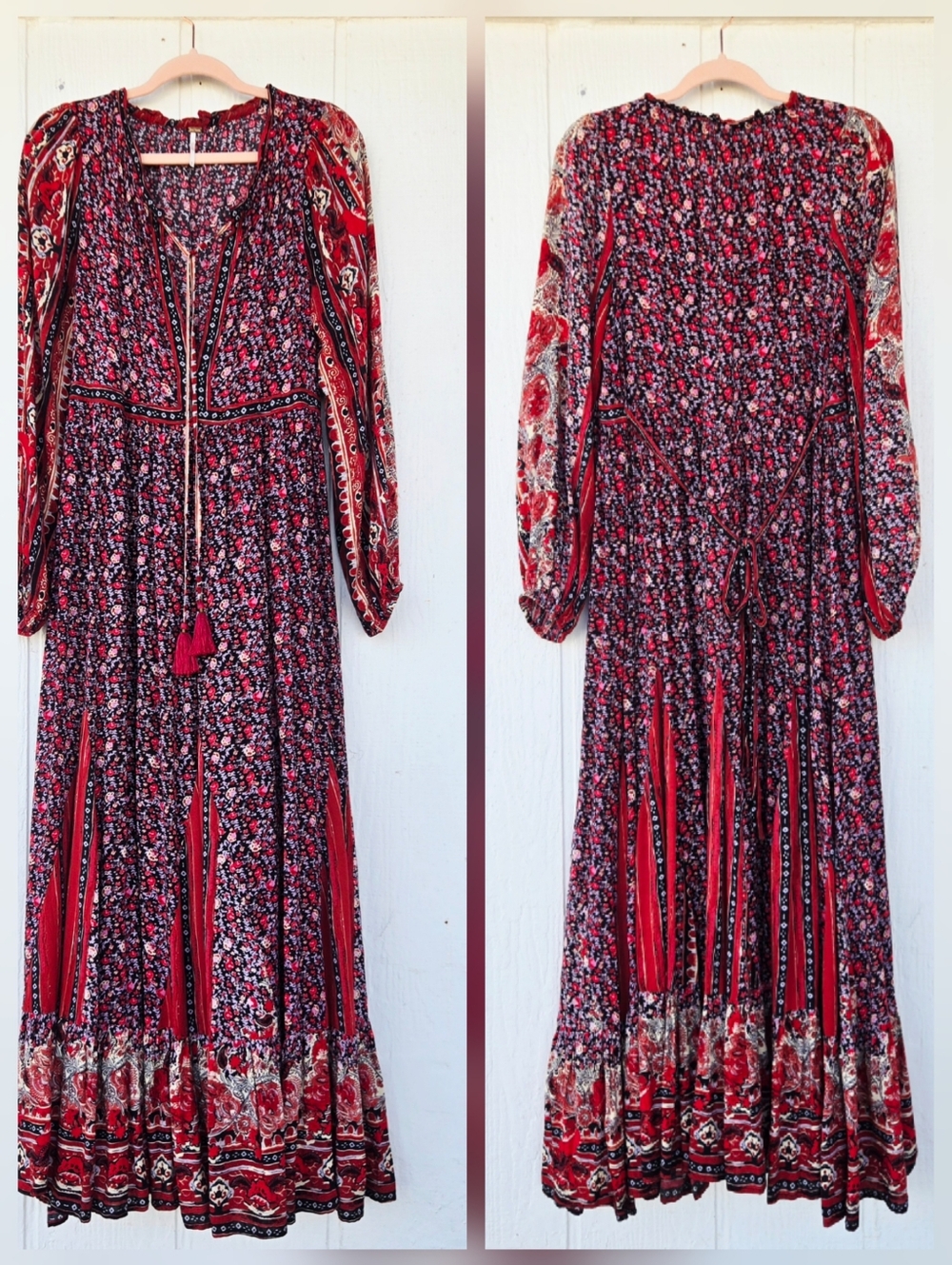 Free People Happy Feelings Maxi Boho Western Gypsy Peasant Red Combo Medium